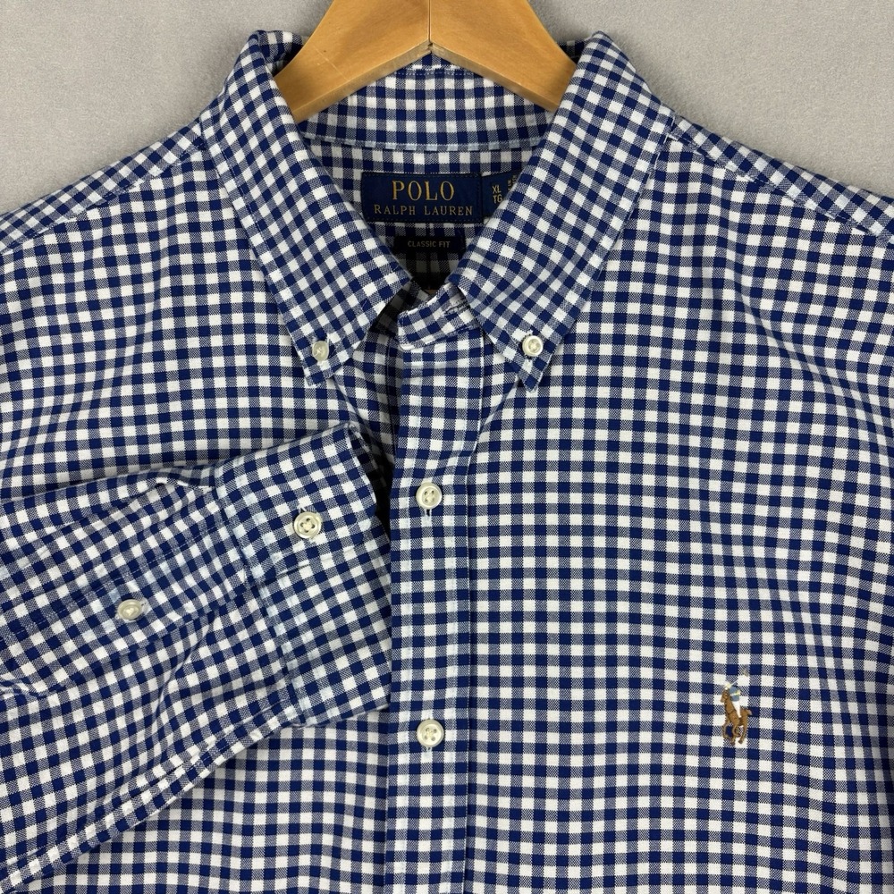 Ralph Lauren Oxford Shirt Men’s XL Blue Gingham Check Flesh Pony Long Sleeve
